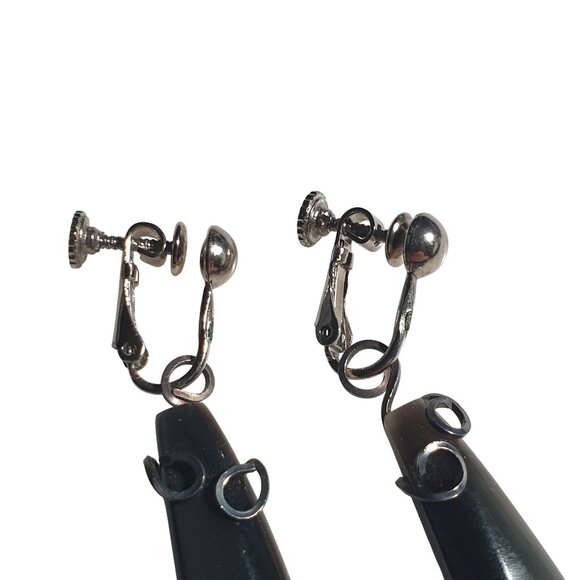 Vintage Black Stone Drop Clip Earrings Silver Tone Wire Wrap Screw Back Retro - Picture 2 of 5